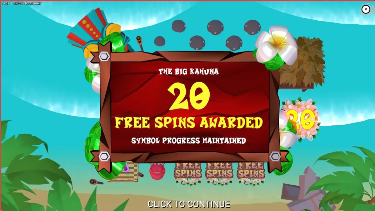 Interface vibrante do slot Tikitopia BoosterBelt com o totem Big'Um Tiki e símbolos de frutas tropicais.